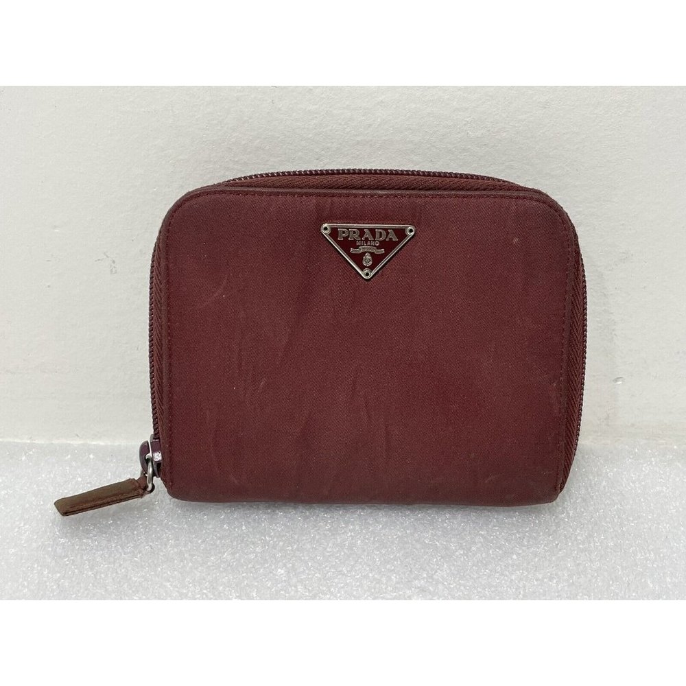 Prada ~ Women's Bifold Burgundy Nylon Wallet ~ Bill Compartment Coin Pocket